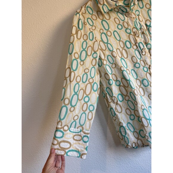 Multiples Women's Turquoise Tan Button Down Tunic Shirt Long Sleeve Asymmetric M - Picture 2 of 11